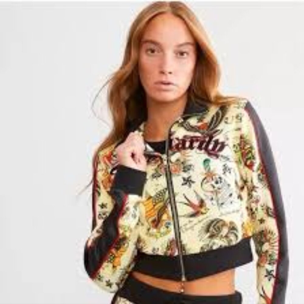 ED & DON HARDY Shrunken Flashboard Multi Track Jacket Cropped Bomber XL NWT